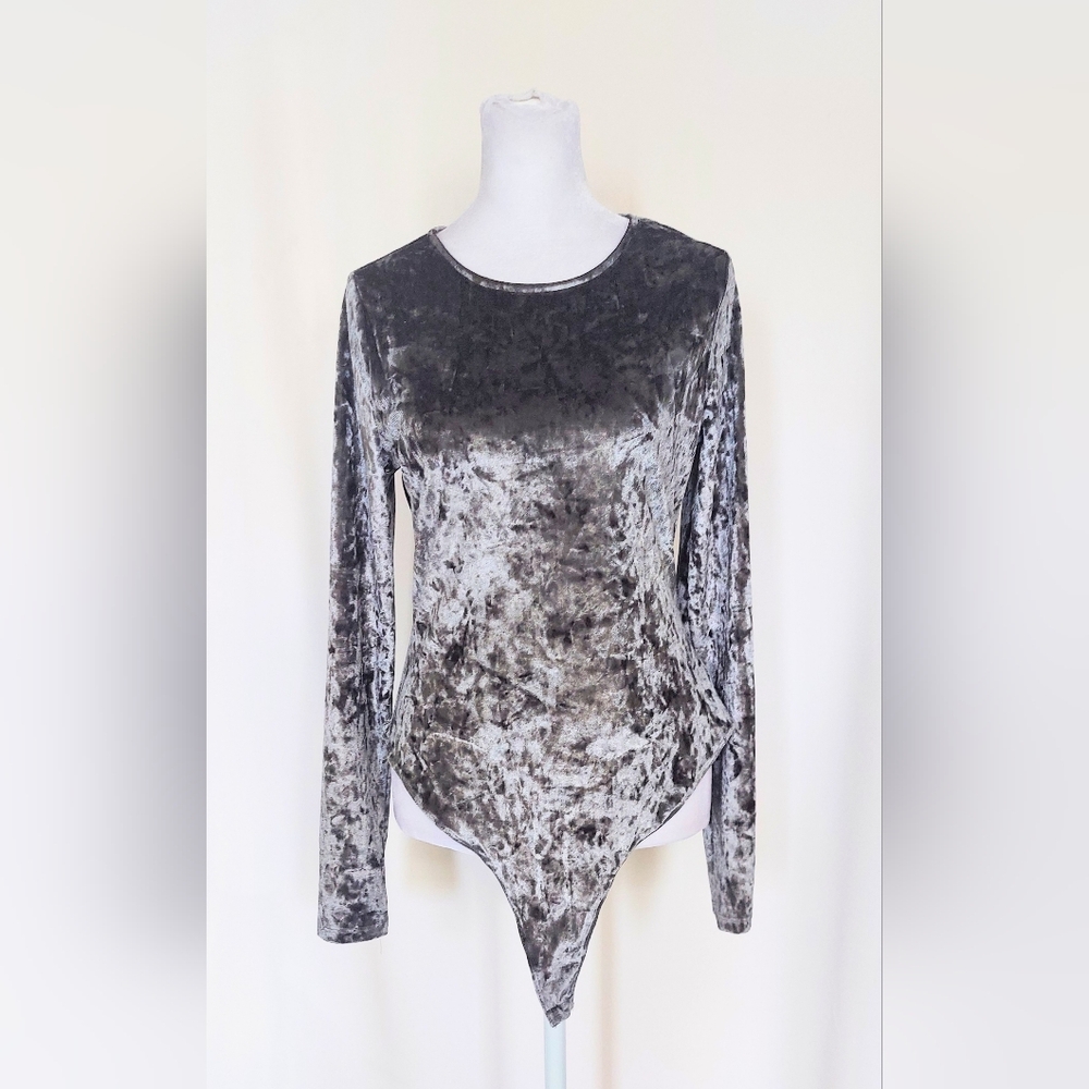 And Now This Long Sleeve Velvet Thong Bodysuit Silver Womens Medium
